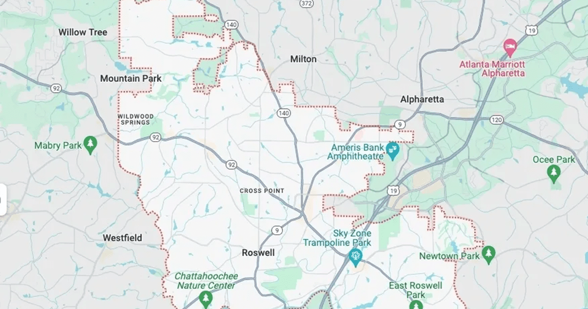 A map of the surrounding area with many green dots.