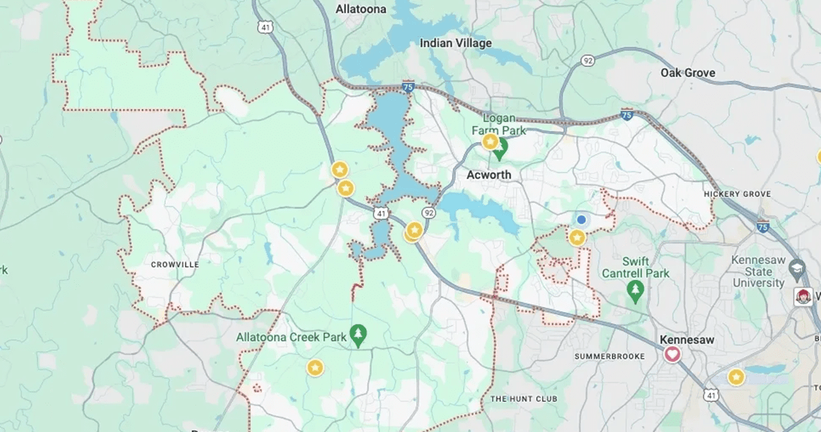 A map of the surrounding area with some green dots.