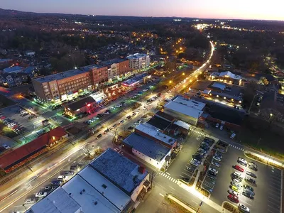 A view of the city at night from above.