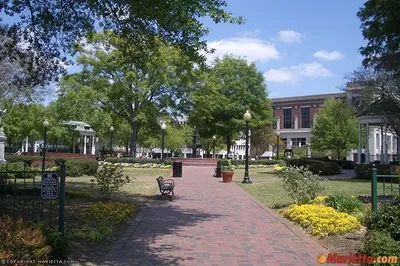 A park with benches and trees in the background.