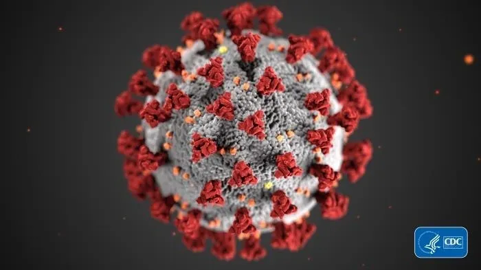 A picture of the coronavirus with red and white dots.