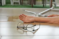 A person laying on the ground with their hand up to his face.